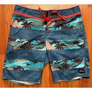 Quiksilver Board Shorts Mens 32 9" Island Palm AOP Striped Beach Swim Trunks